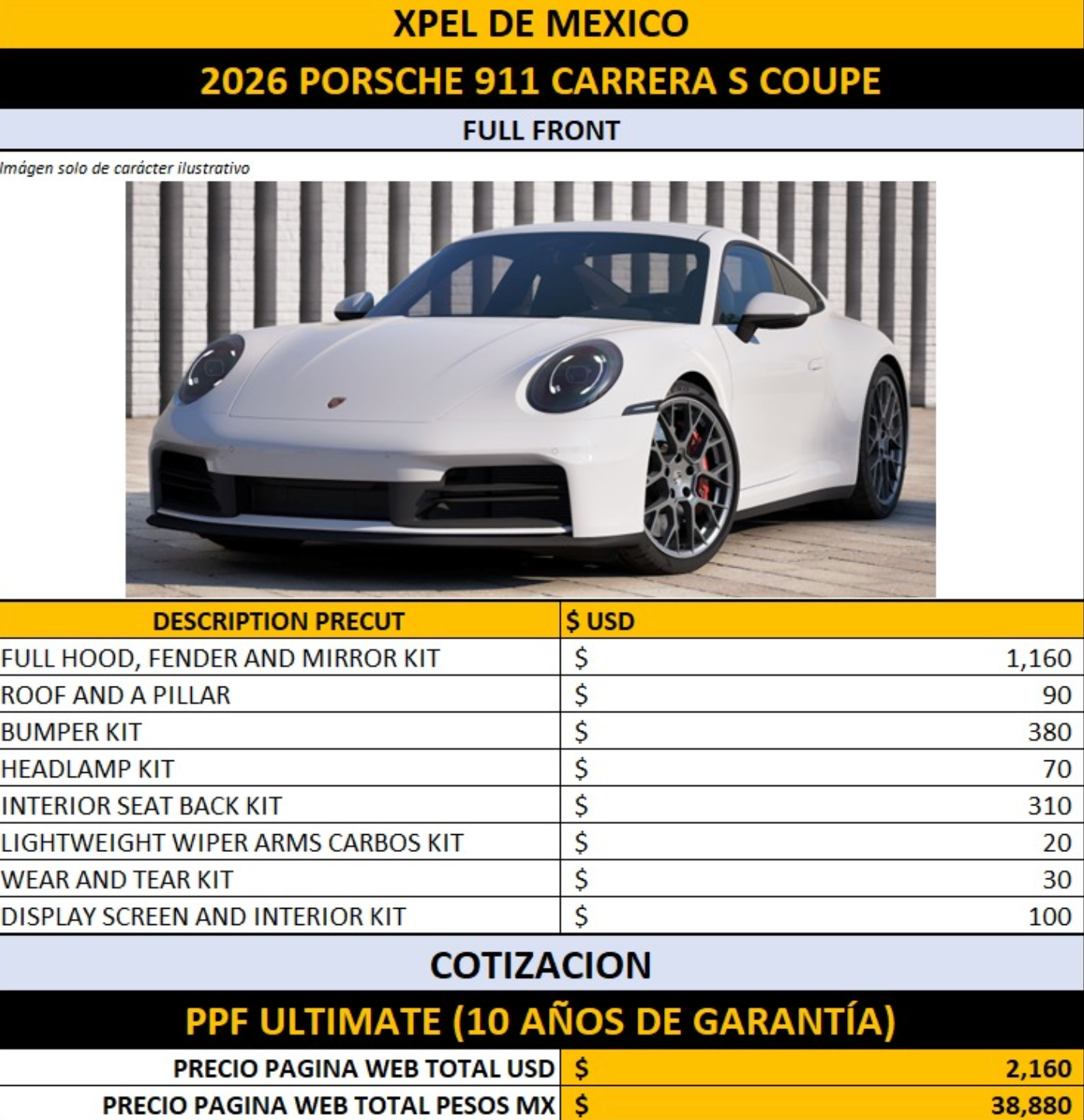 Paquete XPEL PPF Ultimate Full Front Porsche 911 Carrera S Coupé 2026